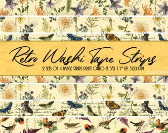 Vintage Floral Washi Tape Strips, Junk Journal Ephemera (Digital Download)