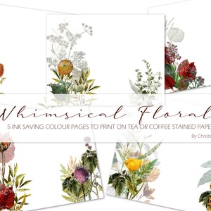 Whimsical Florals Digital Junk Journal INK SAVING Kit, Printables, Ephemera, Digital Download, Art Journaling, Mixed Media