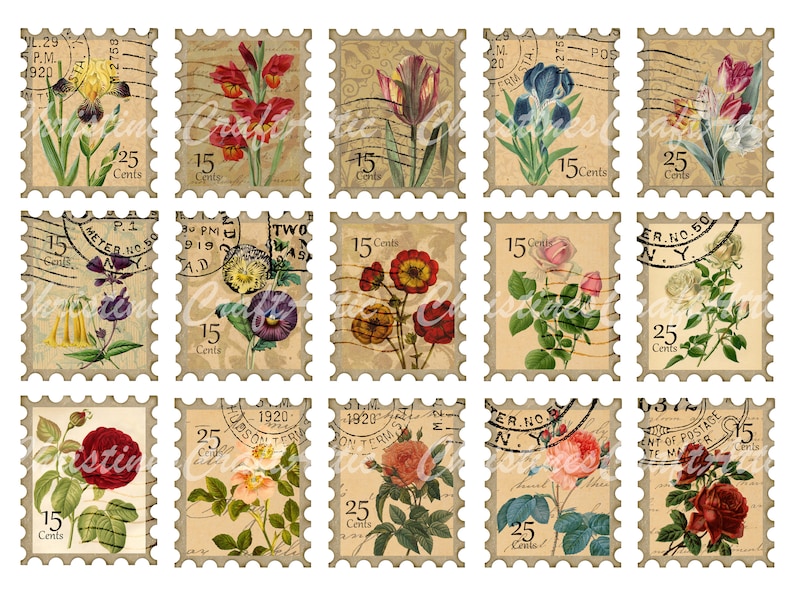 vintage postage stamps flowers printables junk journal etsy