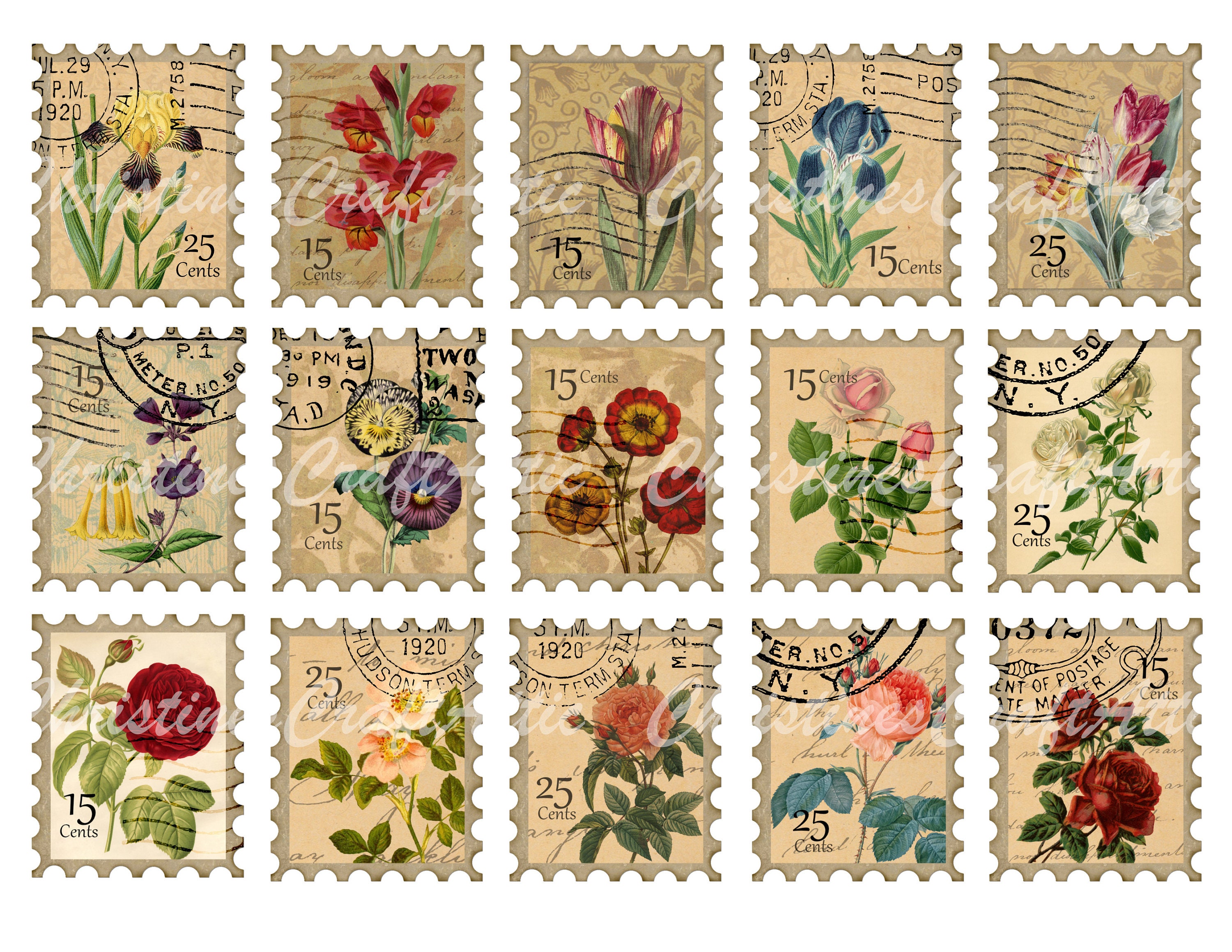 Vintage Postage Stamps Flowers Printables, Junk Journal Ephemera ...