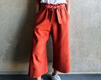 Linen pants / wide leg pants / paper bag trousers / linen culottes with tie / linen elastic high waist pants / women casual linen pants