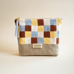 Pochette zippée patchwork faite main, trousse de toilette matelassée zéro déchet, trousse de maquillage