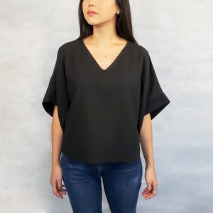 Reversible V-Neck Linen Top: Oversized Elbow Sleeve Blouse