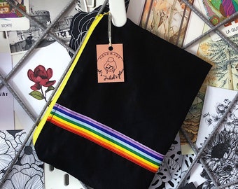 PROUD • washable/reusable cotton pochette with a zip and a rainbow ribbon sewn on the outside.