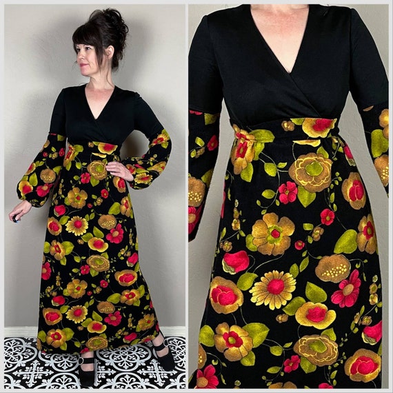 Vintage 1970s Black Floral Bishop Sleeve Maxi Dre… - image 1