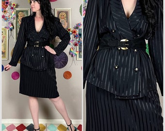 Vintage 1980s Black Pinstripe 2-Piece Skirt Suit by Reina | Power Suit | Menswear Inspired | Formal | Medium | Large