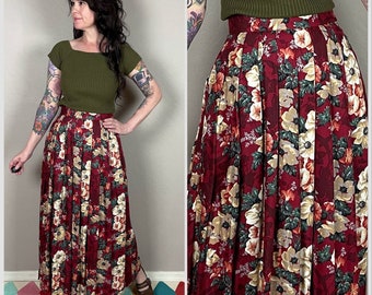 Vintage 1980s Red Floral High Waisted Pleated Midi Skirt by Herman Geist - 27" Waist