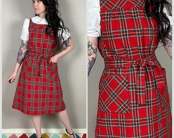 Vintage 1970s Red Tartan Plaid A-Line Pinafore Jumper Dress by Try Us | Academia | School Girl | Holiday Dress |  Small-Medium