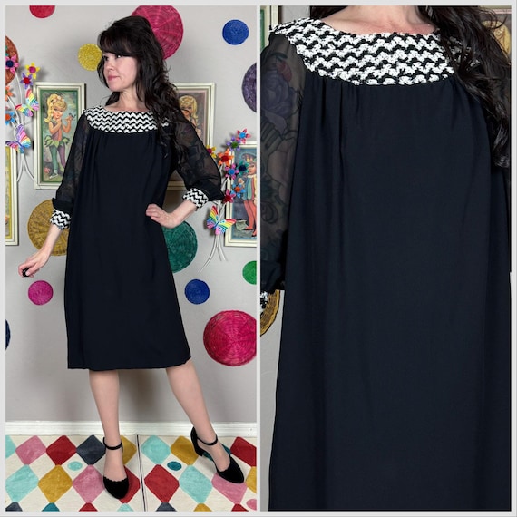 Vintage Black Soutache Shift Dress with Chiffon Sleeves | Mid Century Mod | Minimalist | Goth | Wednesday Addams