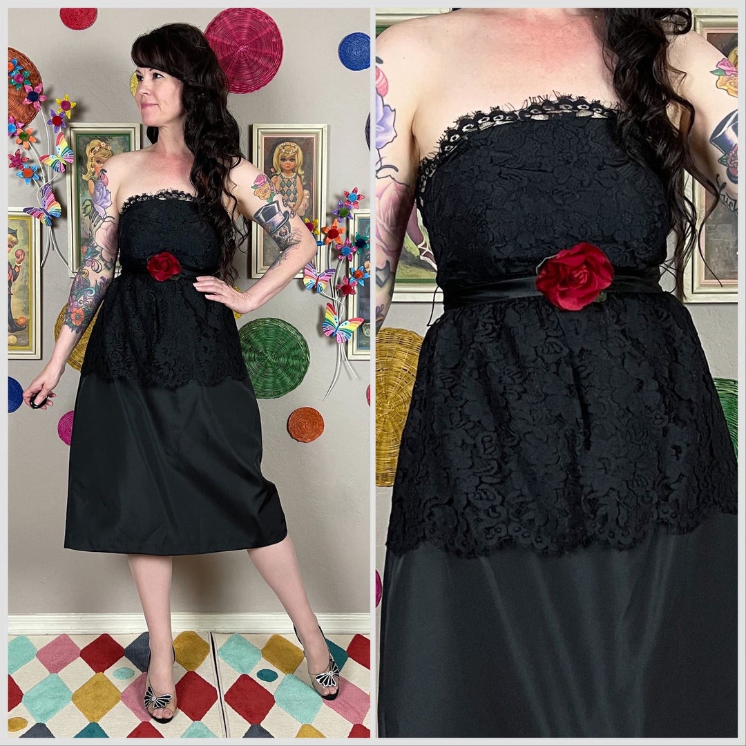 Vintage 1970s/80s Black Lace and Satin Strapless Dress by Vicky Vaugh ...