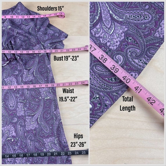 Vintage 1970s Purple Paisley Tie Neck Short Sleev… - image 4