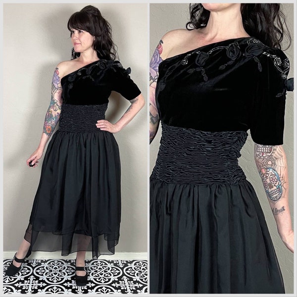 Vintage 1960s Black Velvet One Shoulder Beaded Midi Dress | Cocktail | Evening | Whimsy Goth | 27"-28" Waist