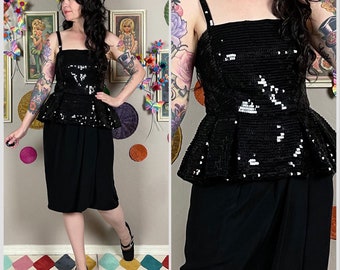 Vintage 1980s Sleeveless Black Sequins Peplum Cocktail Dress by Lillie Rubin | Cocktail | Glam | Whimsy Goth | 28" Waist