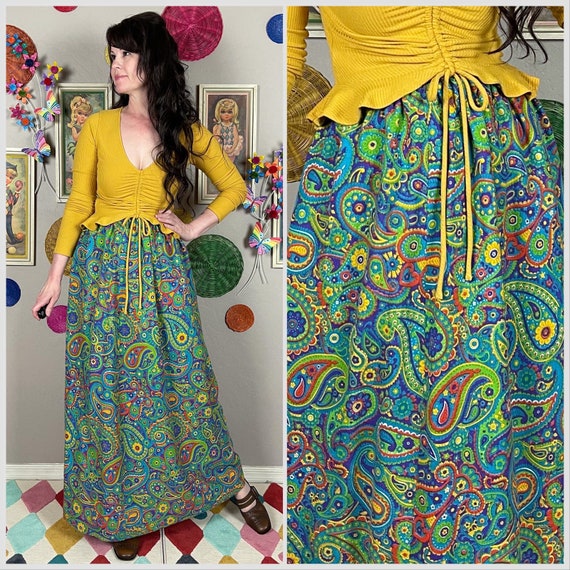 Vintage 1970s Colorful Paisley Print Maxi Skirt |… - image 1