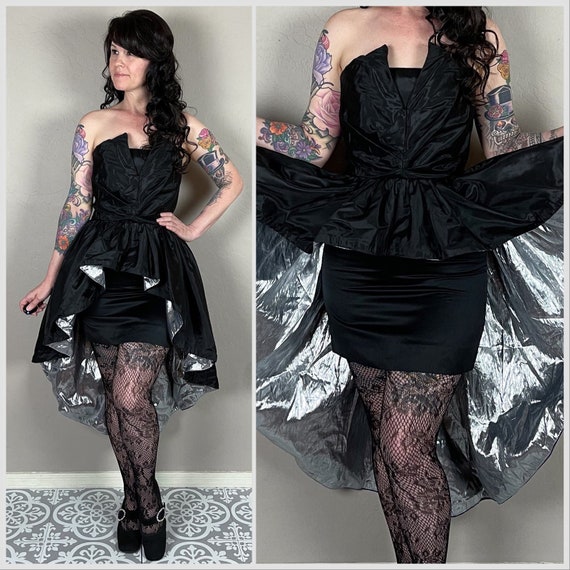 Vintage 1980s Black Taffeta and Silver Lame Strap… - image 1