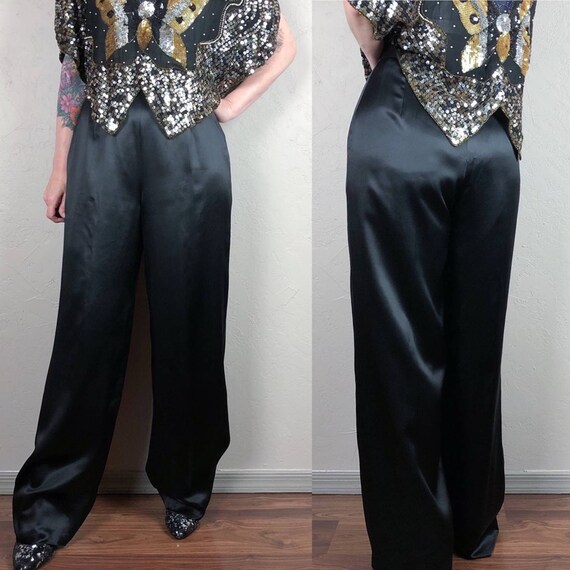Vintage 1980s High Rise Wide Leg Silk Pants Black