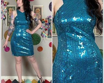 Vintage 1980s Turquoise Blue Sequins Halter Bodycon Mini Prom Dress by NiteLine | Fran Fine | The Nanny | Disco | Party | XS\S