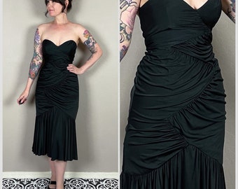 Vintage 1980s Back Strapless Ruched Mermaid Midi Dress by TD4 Eletra | Goth | Glam | Cocktail | Pinup | Extra Small | 24"/25" Waist