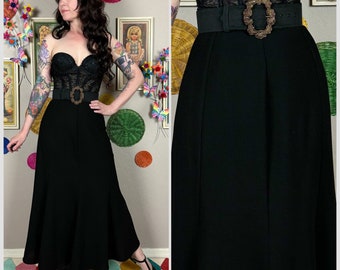 Vintage 1990s Black High Waist Flared Maxi Skirt by Paniz | Goth | Academia | Minimalist | 27" Waist