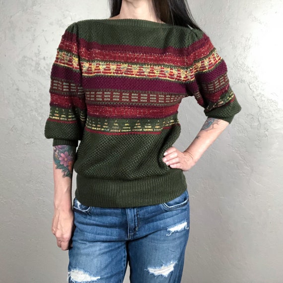 Vintage 1980s Green Cropped Chunky Knit Sweater wi