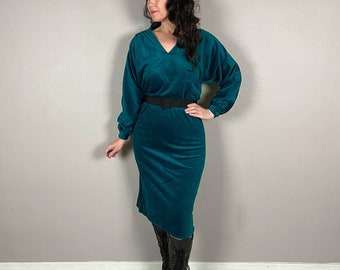 Vintage 1970s Peacock Velour Long Sleeve Dress - XS/S