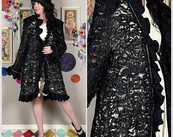 Vintage 1980s Sheer Black Lace Rhinestone Open Front Duster | Jacket | Cardigan | Goth | Witchy | Large | Extra Large