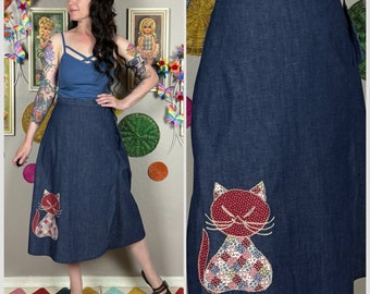 Vintage 1970s Denim Midi Wrap Skirt With Patchwork Cat Appliqué by The Put Ons | Country Western | Cat Lover | Jean Skirt | 28"-32" Waist