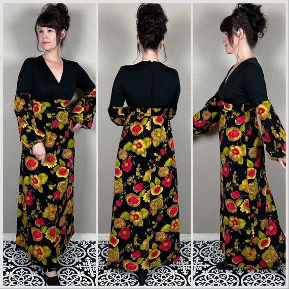 Vintage 1970s Black Floral Bishop Sleeve Maxi Dre… - image 2