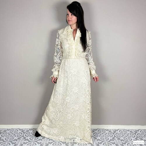 Vintage 1970s Ivory Crochet Lace Long Sleeve shops Boho A-Line Maxi Dress - Hippie Wedding Dress - M/L