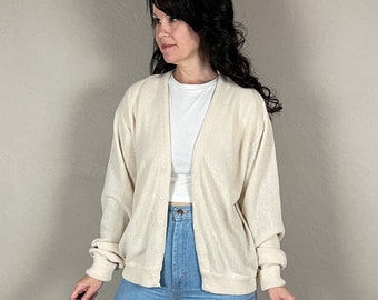 Vintage 1970s Beige V-Neck Acrylic Cardigan - M/L