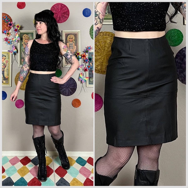 Vintage Y2K Black Leather Mini Pencil Skirt by Newport News | Fran Fine The Nanny | Clubwear | Goth | 29" Waist