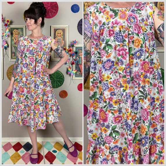 Vintage 1980s Spring Floral Sleeveless House Dress