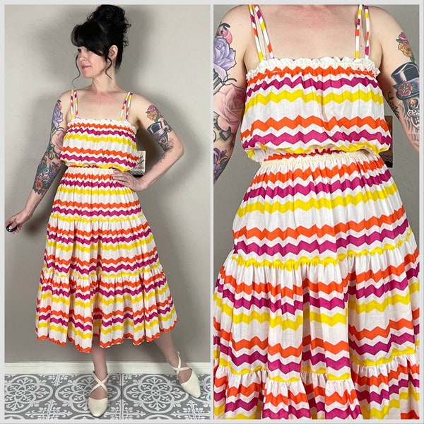 Vintage 1970s Deadstock Zig Zag Print Tiered Sundress by DeWeese Designs - M/L