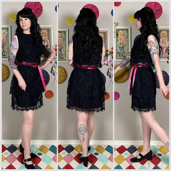 Vintage 1970s Black Sleeveless Tiered Lace Mini D… - image 2