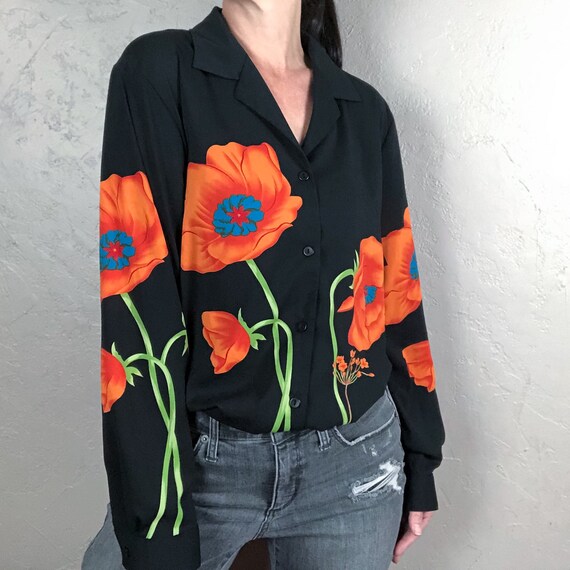 Vintage 1980s Black Chiffon Blouse with Orange Pop