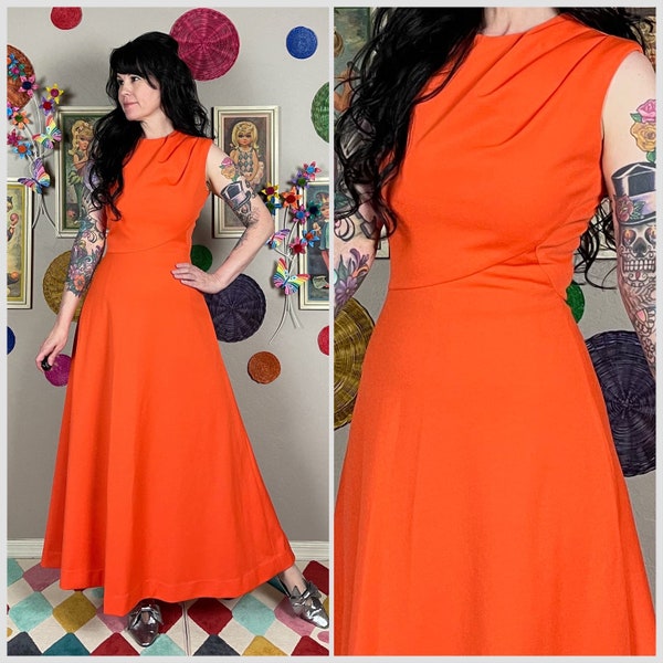 Vintage 1970s Orange Pleated Shoulder Sleeveless A-Line Maxi Dress | Bridesmaid Dress | Prom Dress | Small | Medium