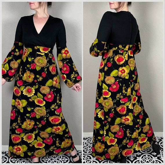 Vintage 1970s Black Floral Bishop Sleeve Maxi Dre… - image 3