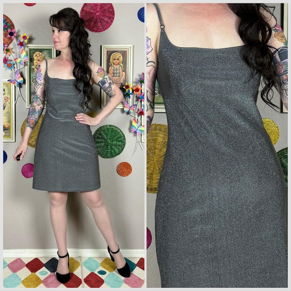 Vintage 1990s Metallic Silver Sleeveless Minidress by Charlotte Russe | Clubwear | Cocktail | Wedding Guest | Slip Dress | 28"-30" Waist
