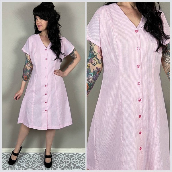 Vintage 1980s Handmade Pink Plaid Short Sleeve A-Line Dress | Valentine's Day | 32" Waist