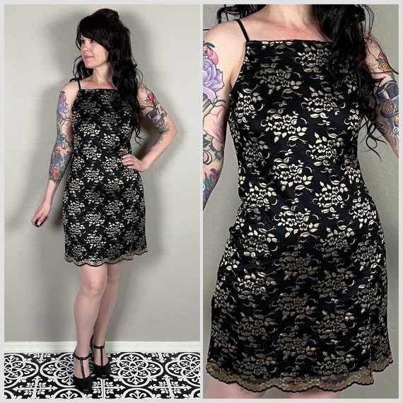Vintage 1990s Black and Gold Lace Sheath Minidress by MS x | Cocktail | Party | S/M