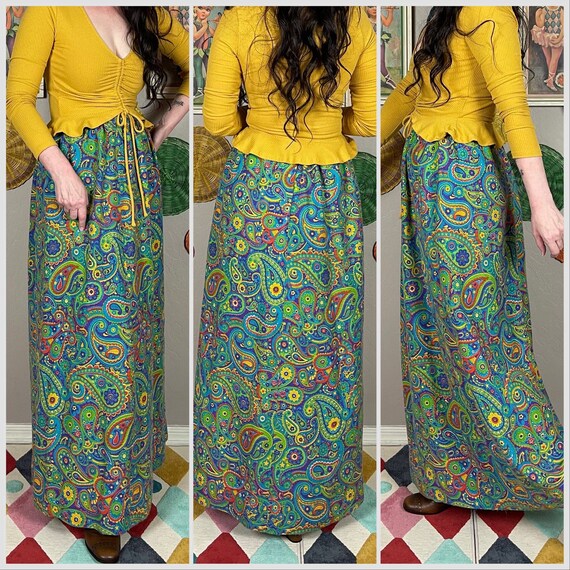Vintage 1970s Colorful Paisley Print Maxi Skirt |… - image 2