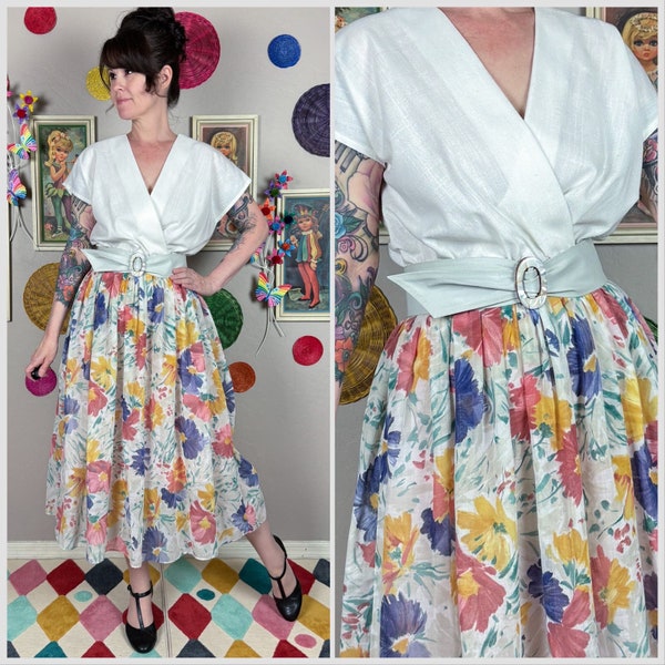 Vintage 1970s White Floral Gauzy Cotton Short Sleeve Midi Dress by Leslie Fay | Easter | Pastel | Summer Dress | 28"-32" Waist