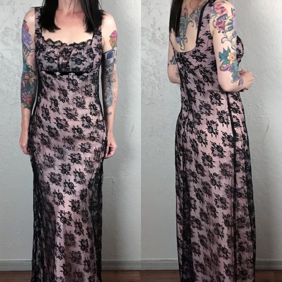 Vintage 1980s Gunne Sax Pink with Black Lace Overl