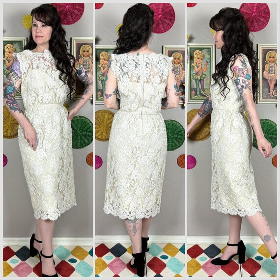 Vintage 1960s Sleeveless Ivory Alencon Leavers Lace Illusion Sheath Dress | Wedding | Bachelorette | Reception | Rehearsal | 27" Waist