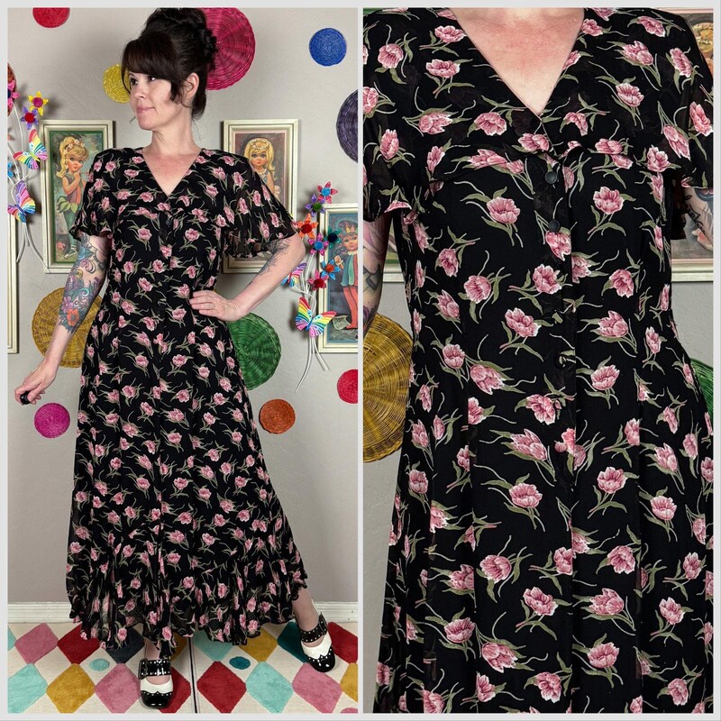 90s Black & White Floral Dress