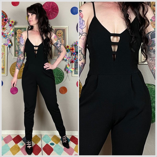 Vintage 1990s Black Sleeveless Cutout Tapered Leg Stretch Jumpsuit by Contempo Casuals | Clubwear | Cocktail | Sexy | 26"-28" Waist