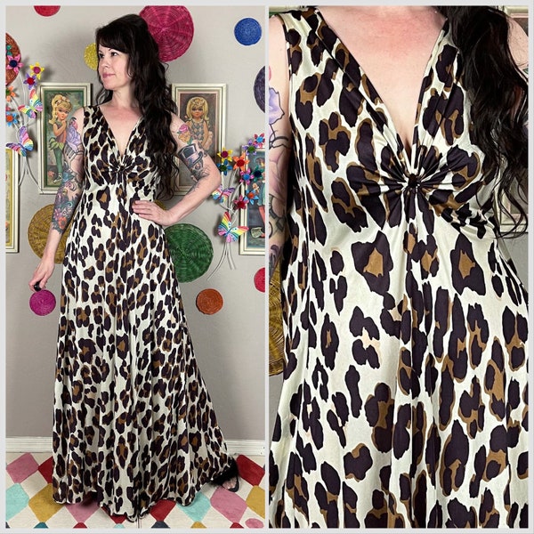 Rare Vintage 1960s Leopard Print Deep V-Neck Nightgown by Claire Sandra Lucie Ann | Nightdress | Glam | Animal Print | Small | Medium