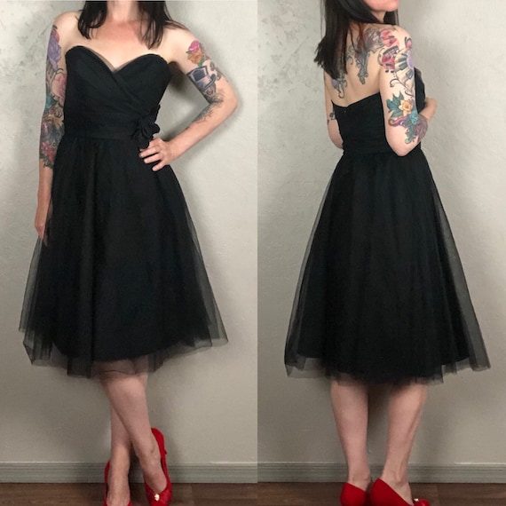 Vintage 1980s does 50s Black Strapless Tulle Dress
