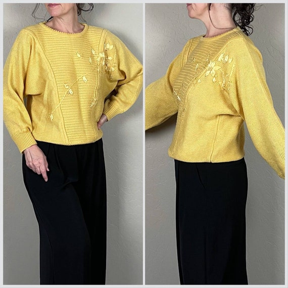 Vintage 1980s Yellow Floral Embroidered Sweater b… - image 2