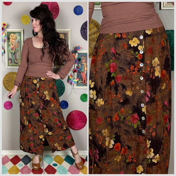 Vintage 1990s Autumnal Floral Button Front Midi Skirt by Metropolitan New York High Waisted Mom Skirt 3032 Waist Etsy UK